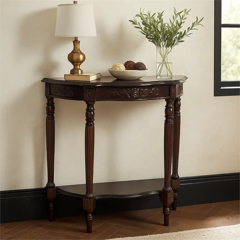 Pemberly Row Engraved Wooden Console Table with 1 Drawer and Shelf in Brown