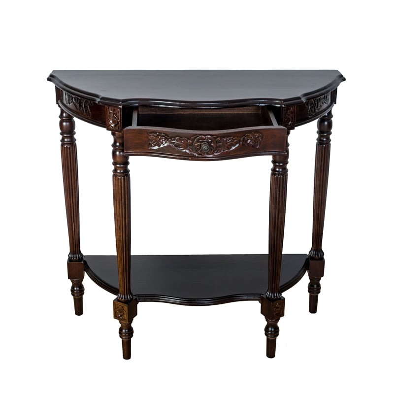 Pemberly Row Engraved Wooden Console Table with 1 Drawer and Shelf in Brown