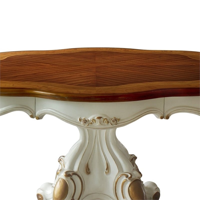 Pemberly Row Carved Wood Dining Table with Pedestal Feet in Pearl & Cherry Oak