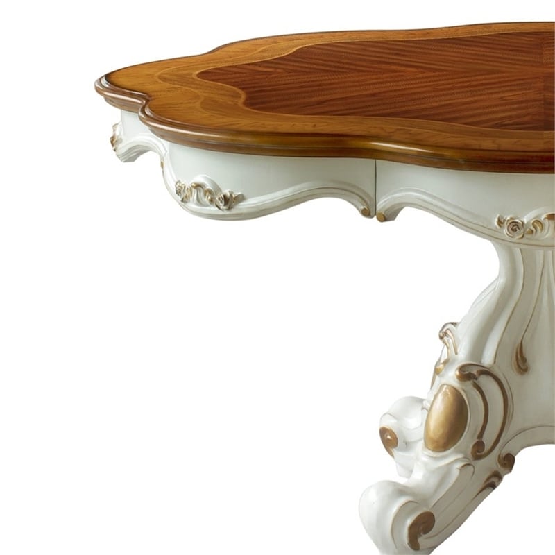 Pemberly Row Carved Wood Dining Table with Pedestal Feet in Pearl & Cherry Oak