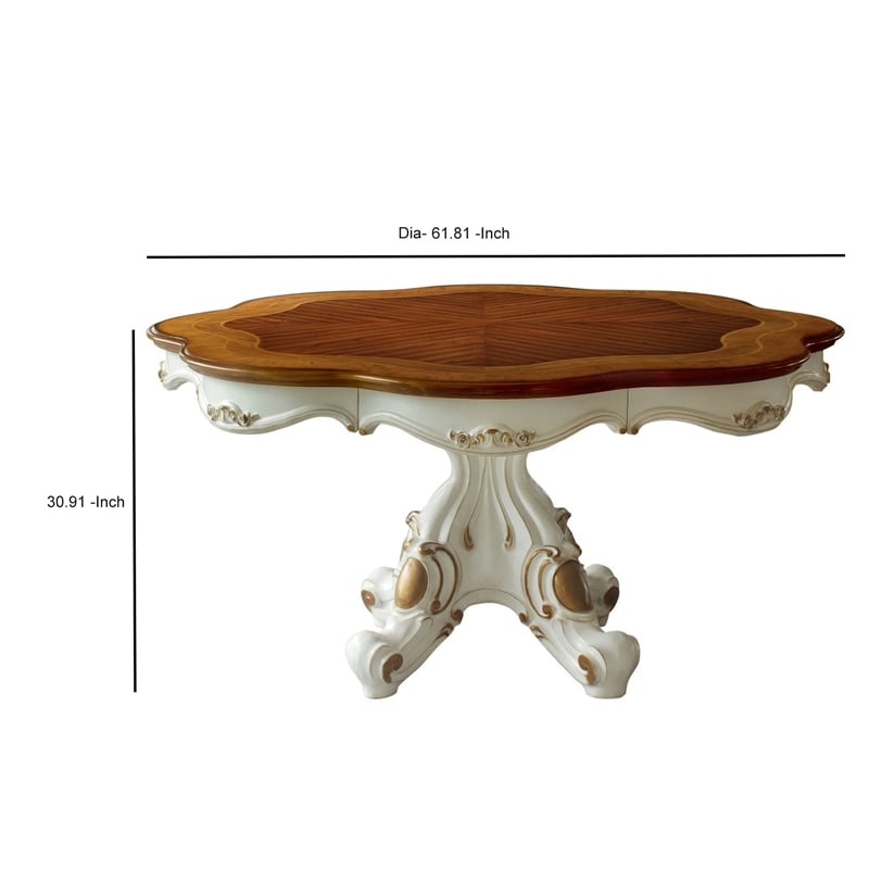 Pemberly Row Carved Wood Dining Table with Pedestal Feet in Pearl & Cherry Oak