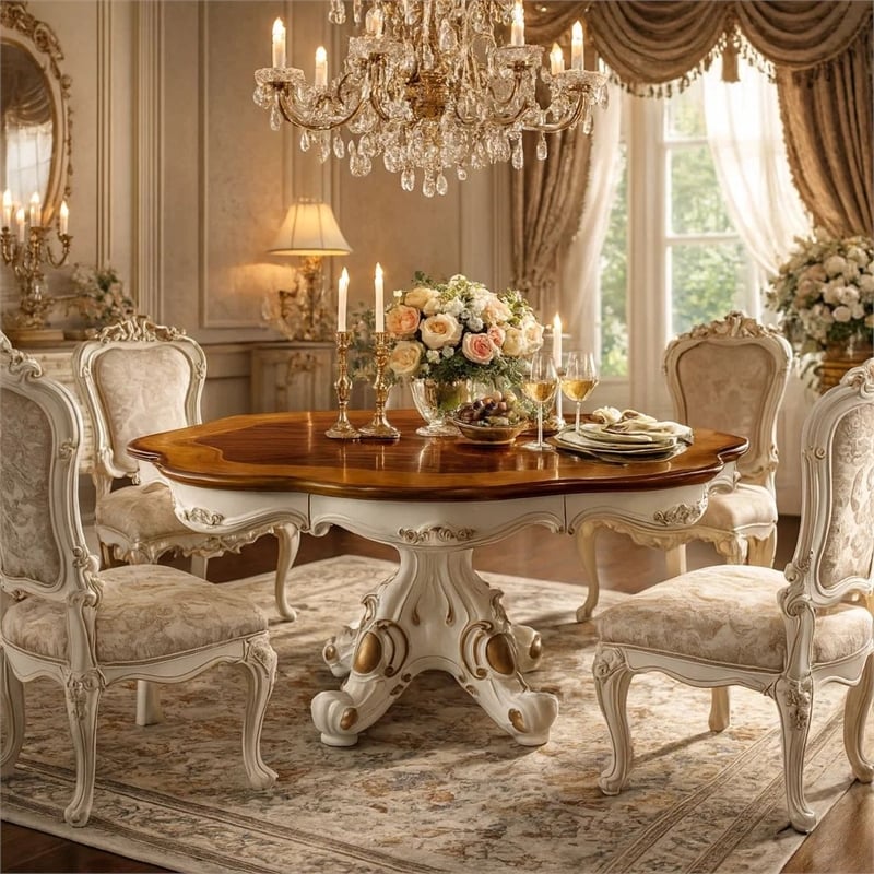 Pemberly Row Carved Wood Dining Table with Pedestal Feet in Pearl & Cherry Oak