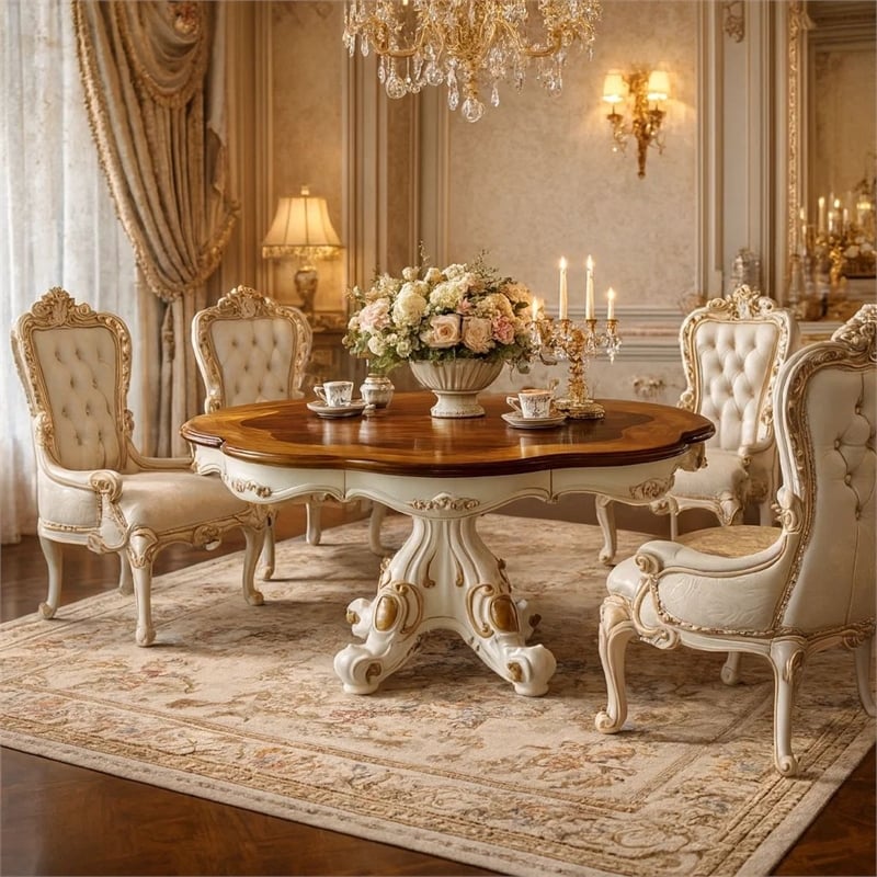 Pemberly Row Carved Wood Dining Table with Pedestal Feet in Pearl & Cherry Oak