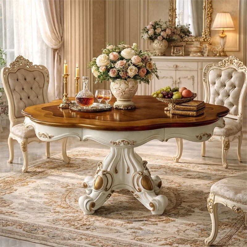 Pemberly Row Carved Wood Dining Table with Pedestal Feet in Pearl & Cherry Oak
