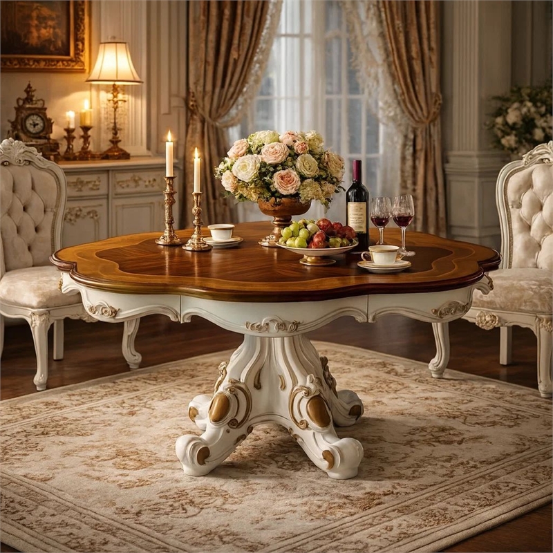 Pemberly Row Carved Wood Dining Table with Pedestal Feet in Pearl & Cherry Oak