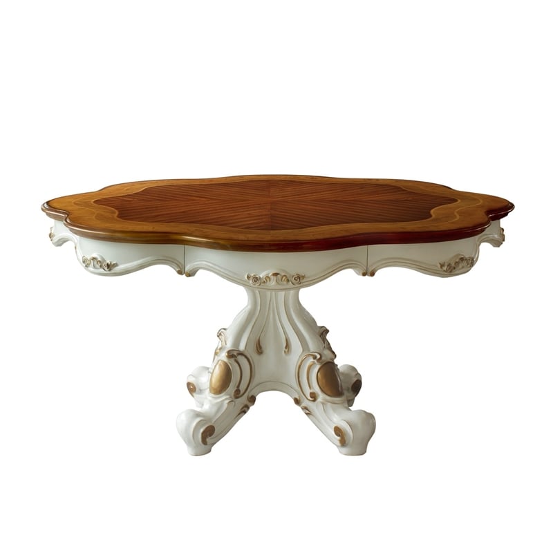 Pemberly Row Carved Wood Dining Table with Pedestal Feet in Pearl & Cherry Oak