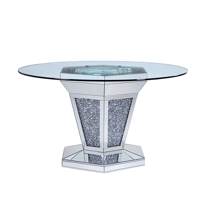 Pemberly Row Mirror and Faux Crystal Inlaid Dining Table with Pedestal Base
