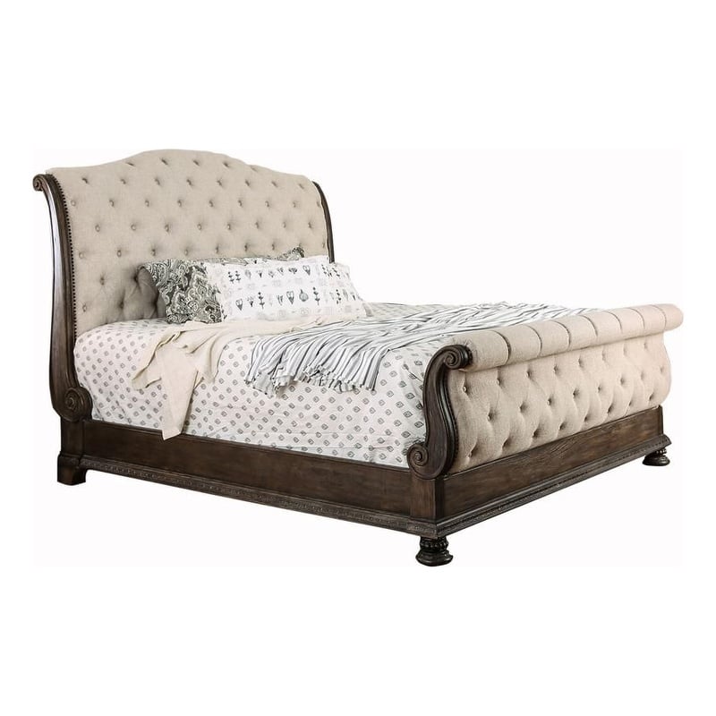 Pemberly Row California King Sleigh Bed with Button Tufting in Brown and Beige