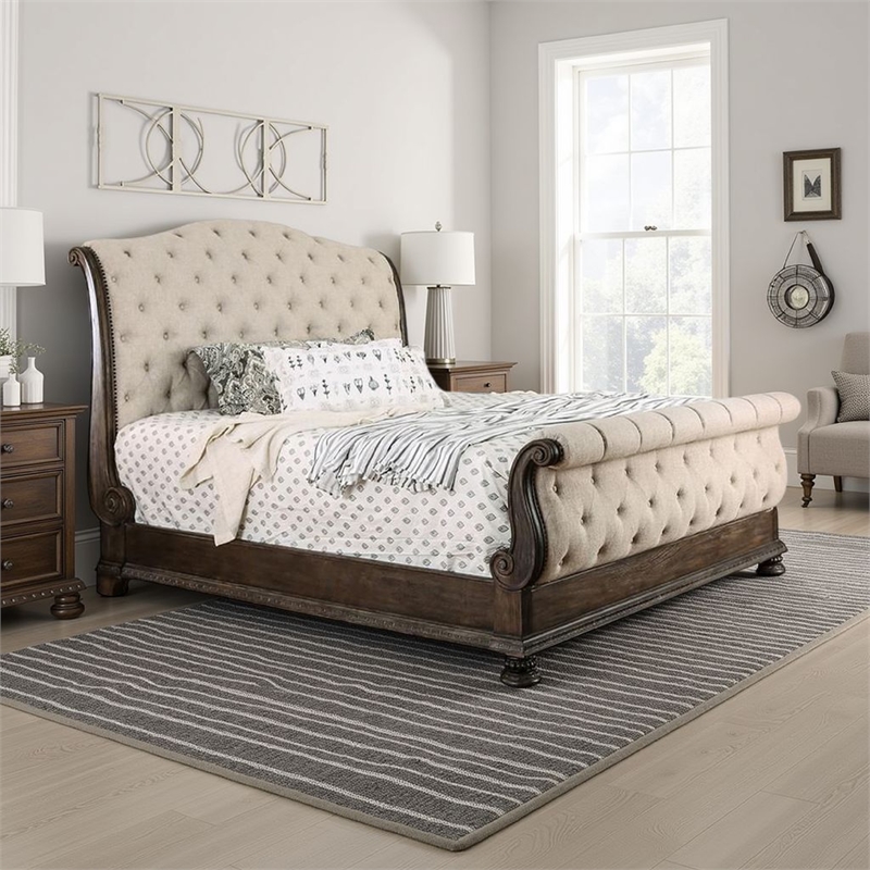 Pemberly Row Eastern King Sleigh Bed with Button Tufting in Brown and Beige