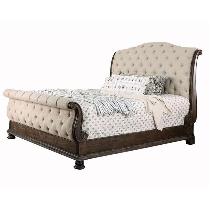 Pemberly Row Eastern King Sleigh Bed with Button Tufting in Brown and Beige