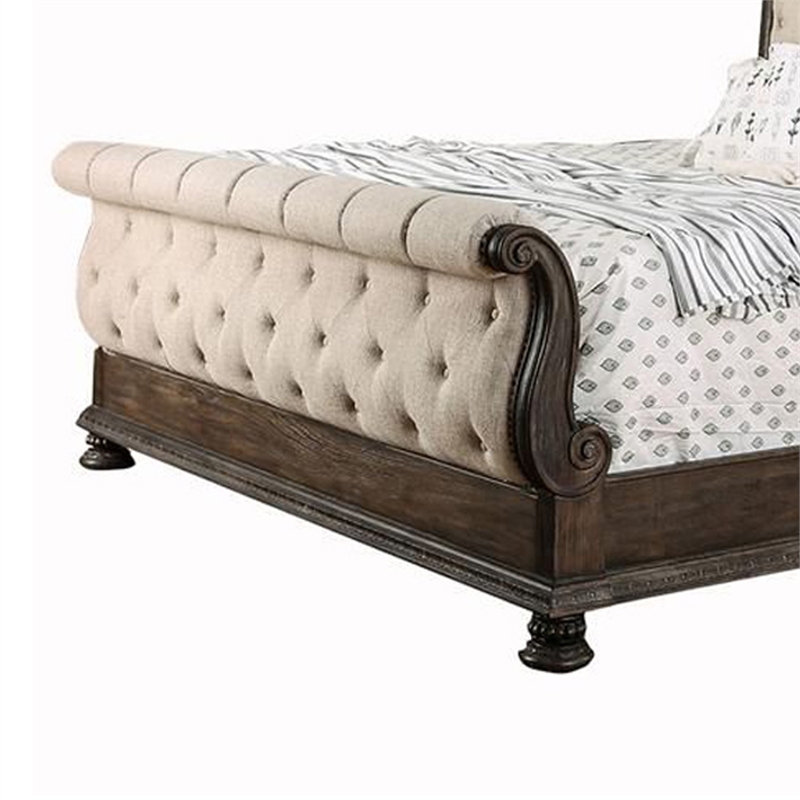 Pemberly Row Eastern King Sleigh Bed with Button Tufting in Brown and Beige