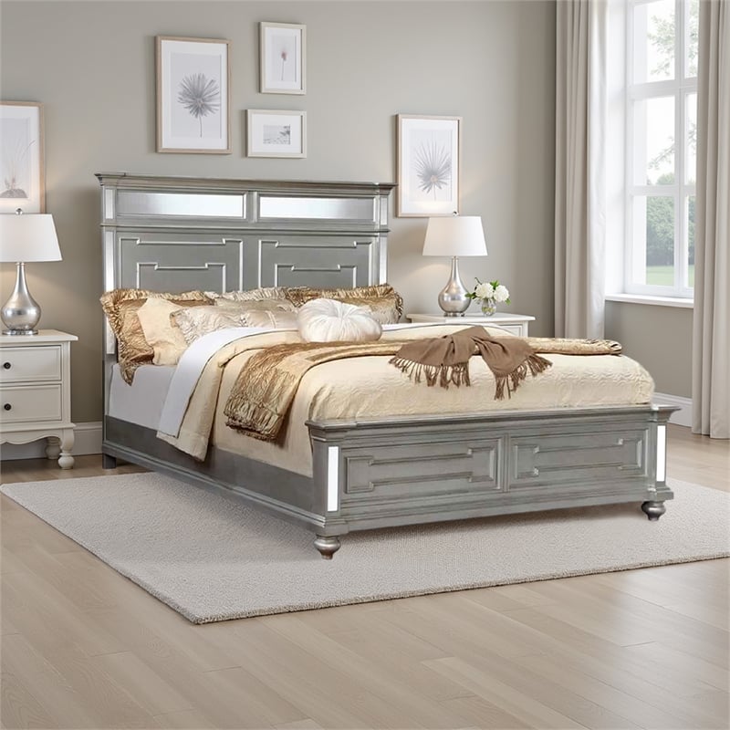 Pemberly Row California King Bed with 3mm Mirror Paneled Headboard in Silver