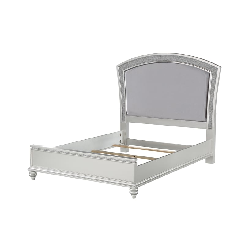 Pemberly Row Queen Bed with Rhinestone Inlay & Padded Headboard in Gray & White