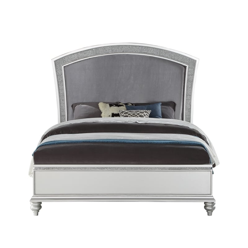 Pemberly Row Queen Bed with Rhinestone Inlay & Padded Headboard in Gray & White