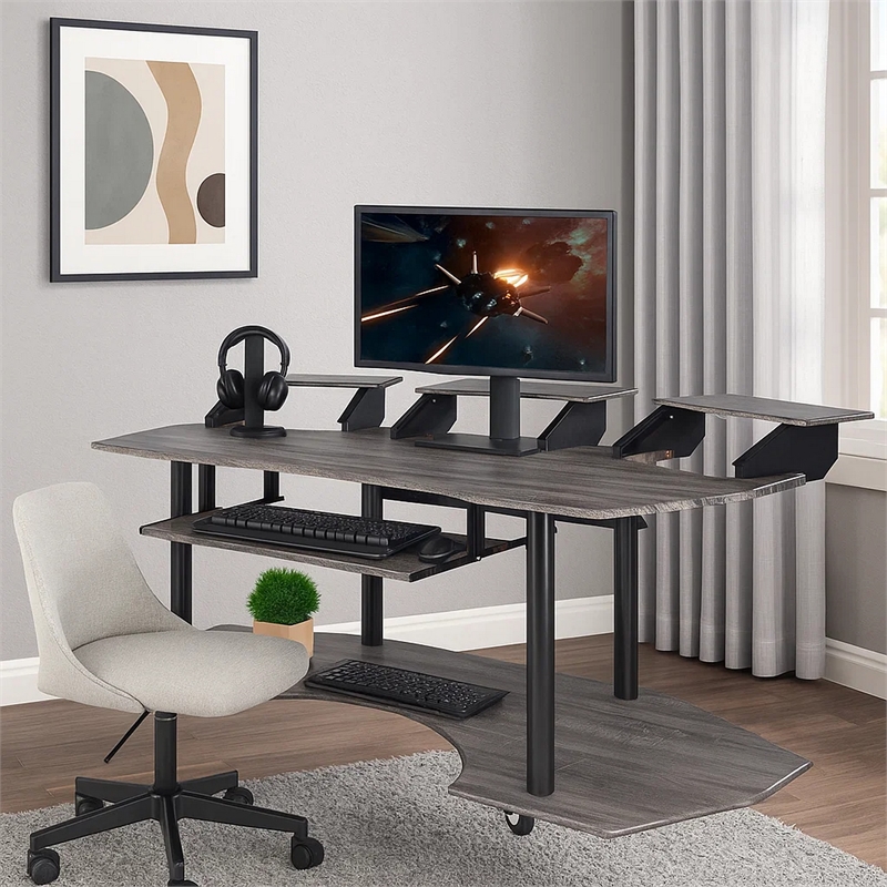 Pemberly Row Computer Desk with Keyboard Tray and 3 Stands in Gray