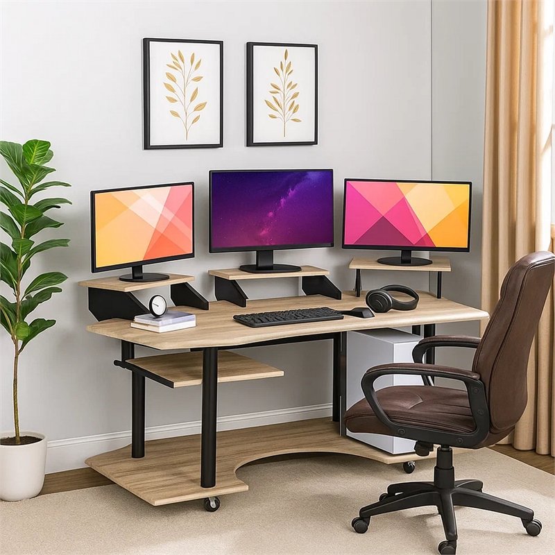 Pemberly Row Computer Desk with Keyboard Tray and 3 Stands in Brown