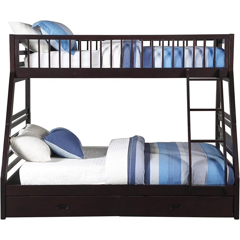 Pemberly Row Twin XL Over Queen Bunk Bed with Storage Drawers in Espresso