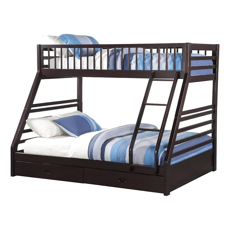 Pemberly Row Twin XL Over Queen Bunk Bed with Storage Drawers in Espresso