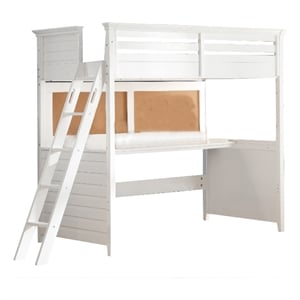 Pemberly Row Twin Loft Bed with Desk and Cork Back Panel in White