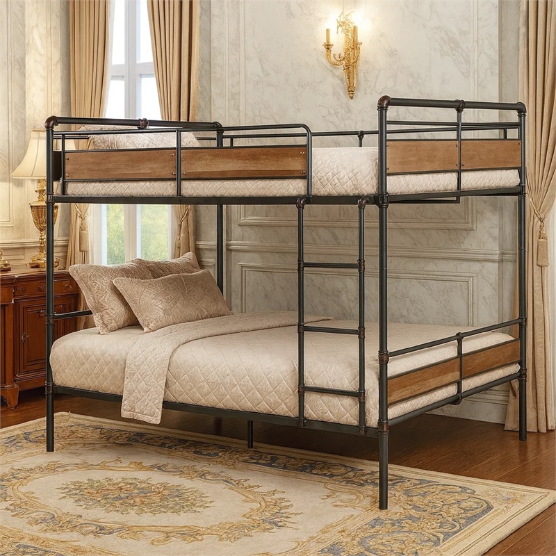 Pemberly Row Queen Over Queen Metal Bunk Bed with Slatted Rails in Black & Brown