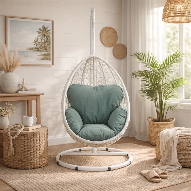 Pemberly Row Metal Patio Swing Chair with Cushioned Seating in White/Gray