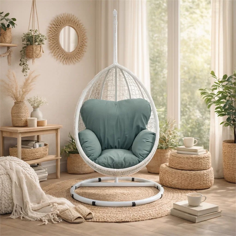 Pemberly Row Metal Patio Swing Chair with Cushioned Seating in White/Gray