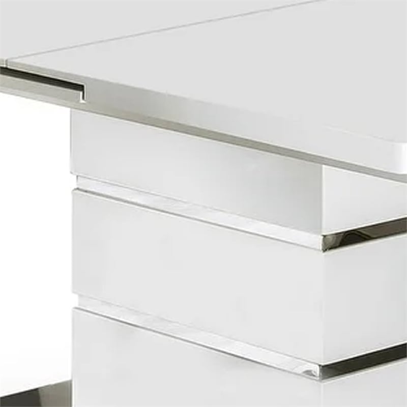 Pemberly Row Extendable Dining Table with Chrome Metal Base in White and Silver