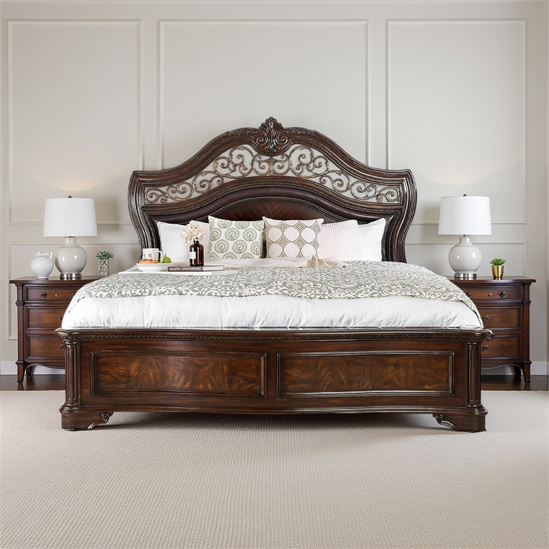 Pemberly Row California King Bed with Carved Headboard & Nail Head Trim in Brown