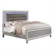 Pemberly Row Eastern King Bed with LED Lights and Mirror Trim in Silver