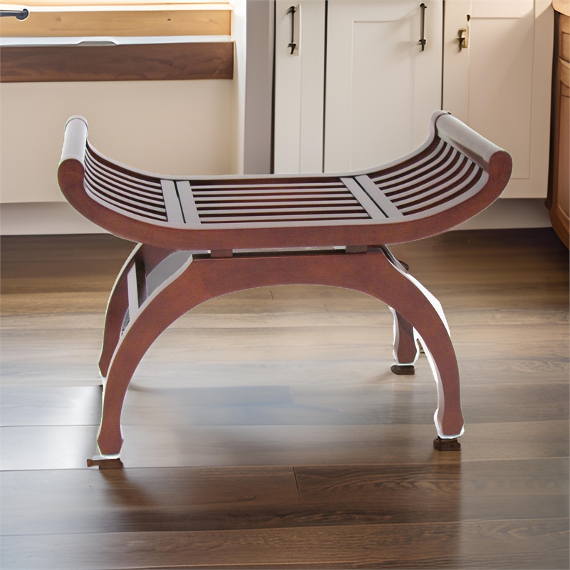 Pemberly Row Curved Mission Style Basswood Stool with Slatted Seat in Brown