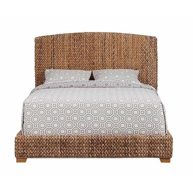 Pemberly Row Hand Woven Banana Leaf Eastern King Bed w/ Chamfered Legs in Brown
