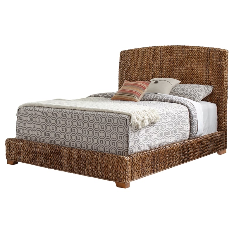 Pemberly Row Hand Woven Banana Leaf Eastern King Bed w/ Chamfered Legs in Brown
