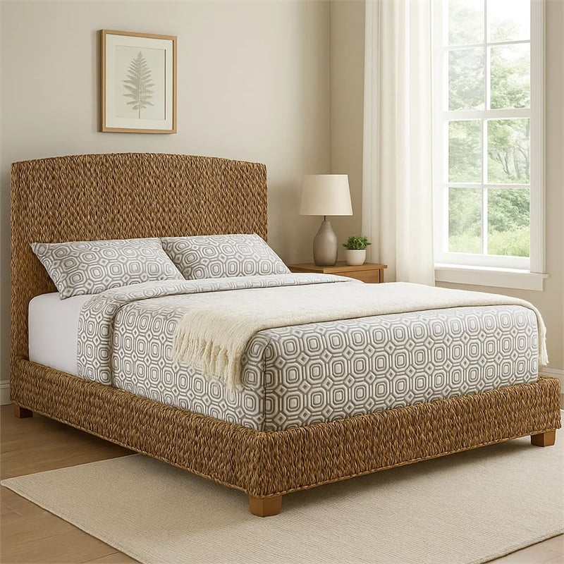 Pemberly Row Hand Woven Banana Leaf Eastern King Bed w/ Chamfered Legs in Brown