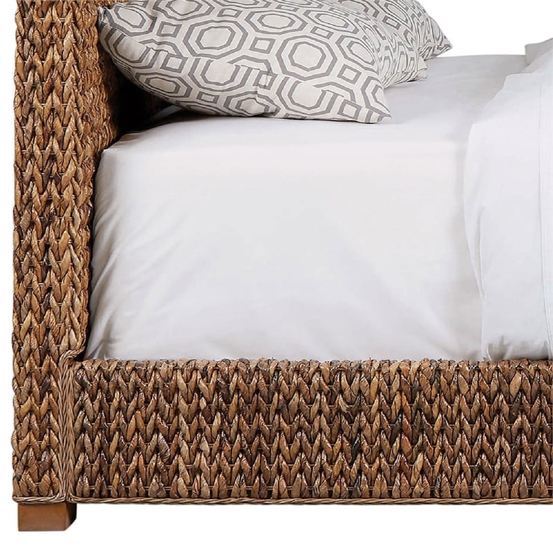Pemberly Row Hand Woven Banana Leaf Eastern King Bed w/ Chamfered Legs in Brown