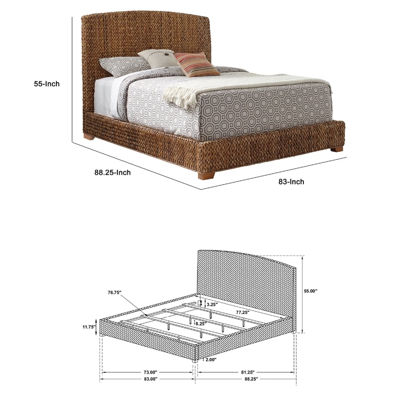 Pemberly Row Hand Woven Banana Leaf Eastern King Bed w/ Chamfered Legs in Brown