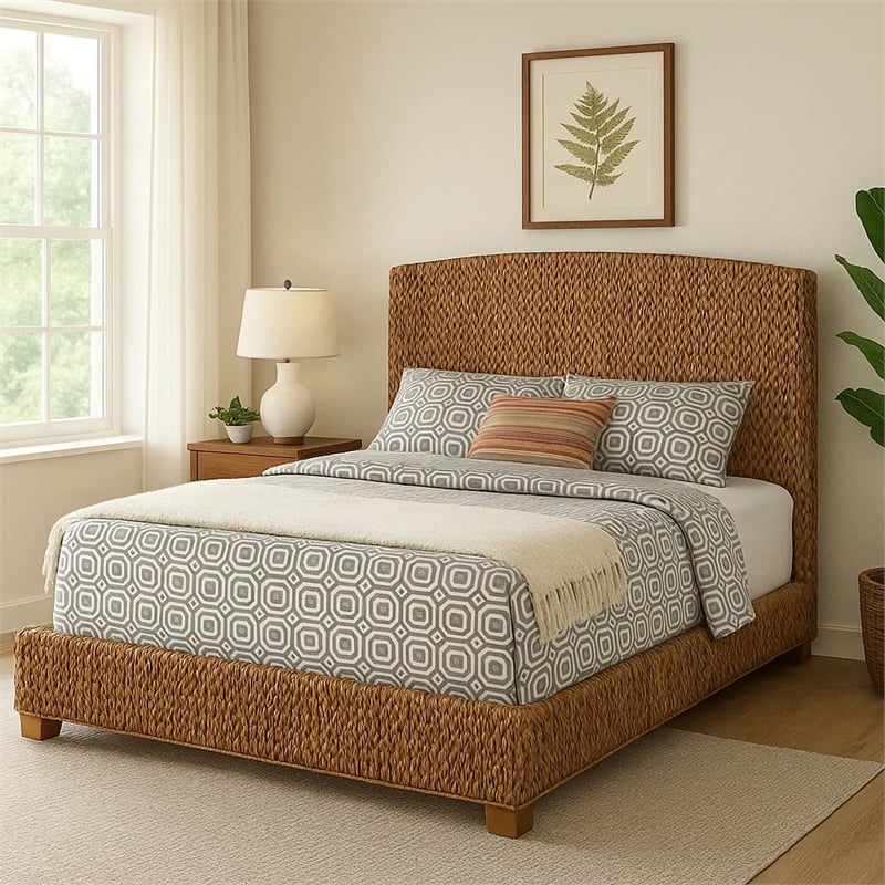 Pemberly Row Hand Woven Banana Leaf Eastern King Bed w/ Chamfered Legs in Brown