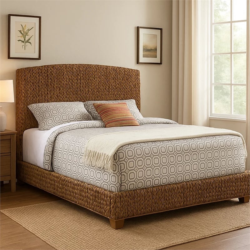 Pemberly Row Hand Woven Banana Leaf Eastern King Bed w/ Chamfered Legs in Brown