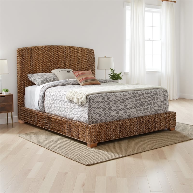 Pemberly Row Hand Woven Banana Leaf Queen Bed with Chamfered Legs in Brown