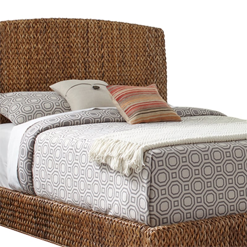 Pemberly Row Hand Woven Banana Leaf Queen Bed with Chamfered Legs in Brown