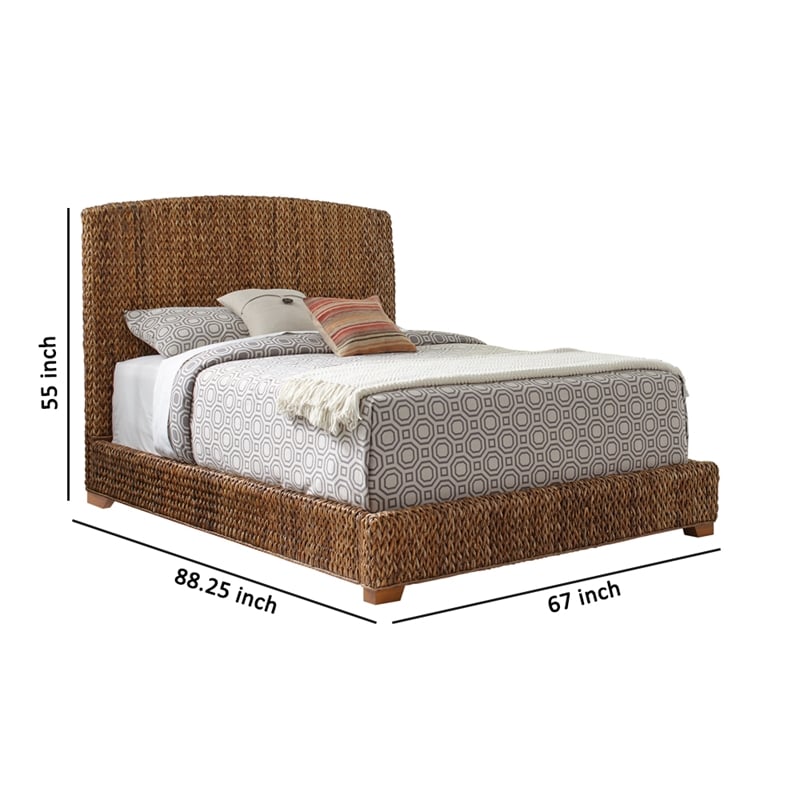 Pemberly Row Hand Woven Banana Leaf Queen Bed with Chamfered Legs in Brown