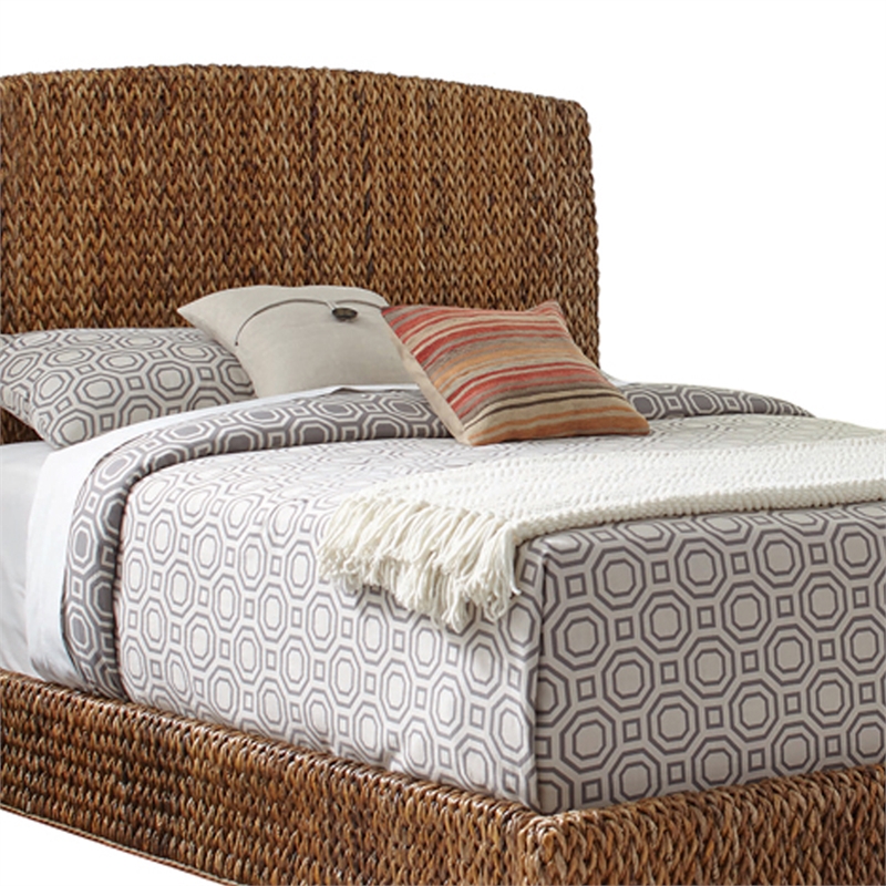 Pemberly Row Hand Woven Banana Leaf Queen Bed with Chamfered Legs in Brown