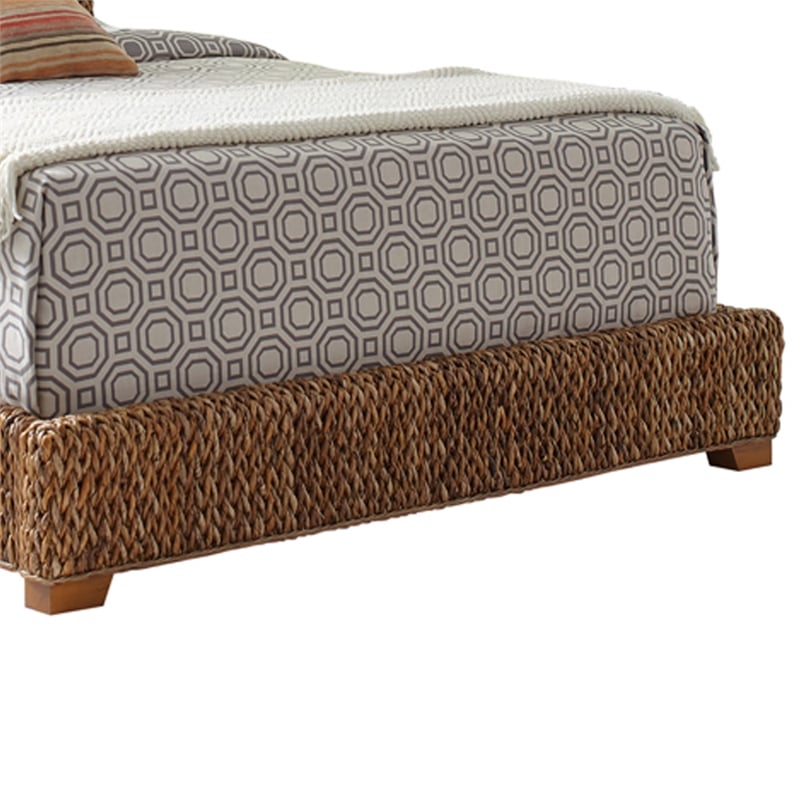 Pemberly Row Hand Woven Banana Leaf Queen Bed with Chamfered Legs in Brown