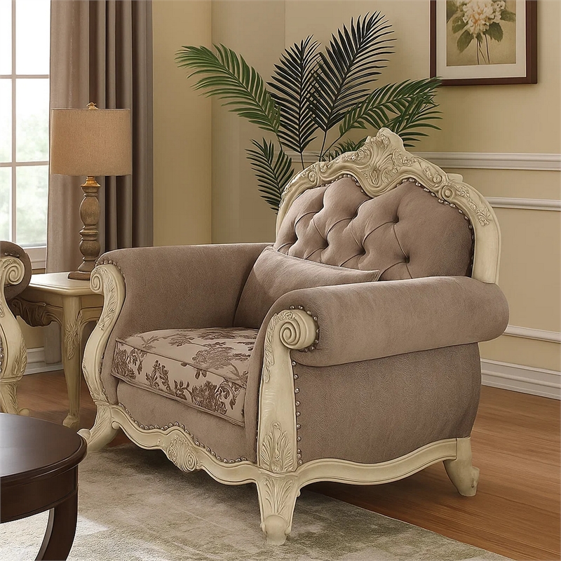 Pemberly Row Button Tufted Fabric Chair with Cabriole Legs in Gray and White