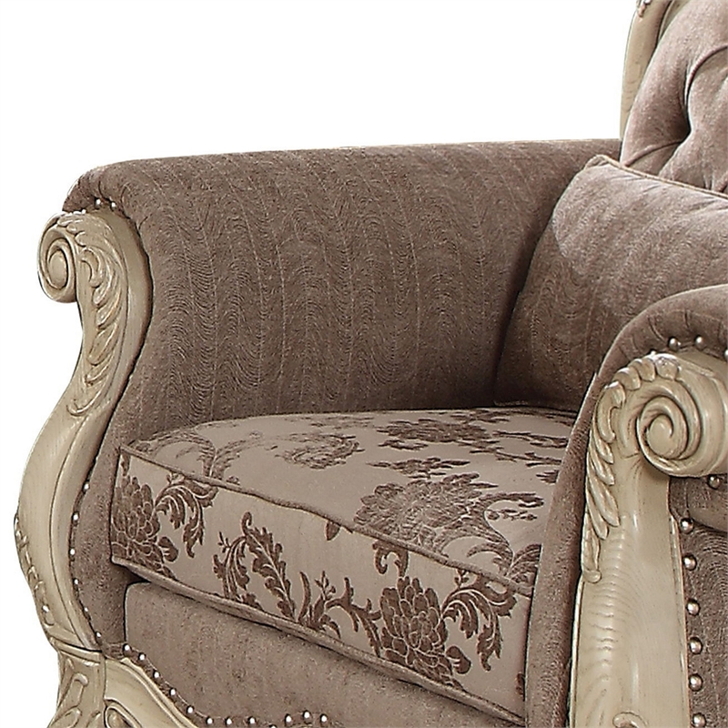 Pemberly Row Button Tufted Fabric Chair with Cabriole Legs in Gray and White