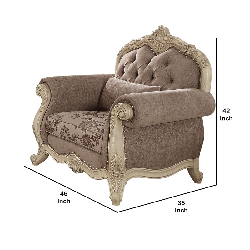 Pemberly Row Button Tufted Fabric Chair with Cabriole Legs in Gray and White