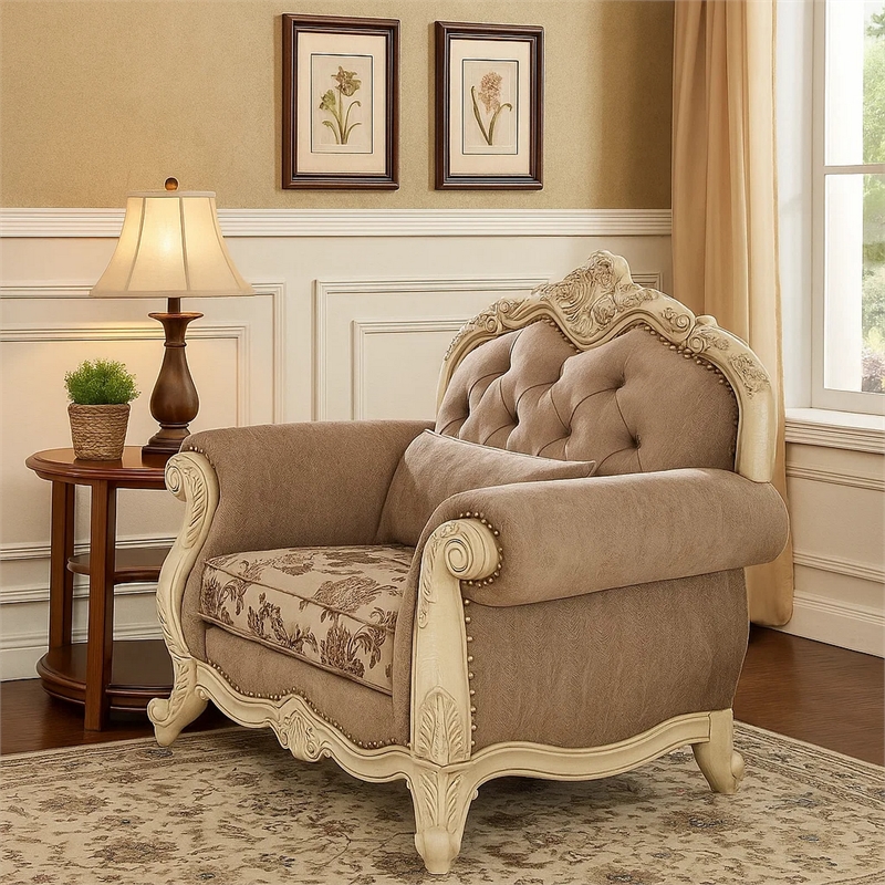 Pemberly Row Button Tufted Fabric Chair with Cabriole Legs in Gray and White