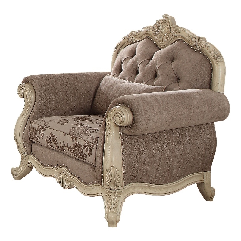 Pemberly Row Button Tufted Fabric Chair with Cabriole Legs in Gray and White