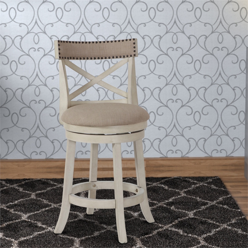 Pemberly Row Curved X Back Swivel Counter Stool w/ Padded Seat in Antique White