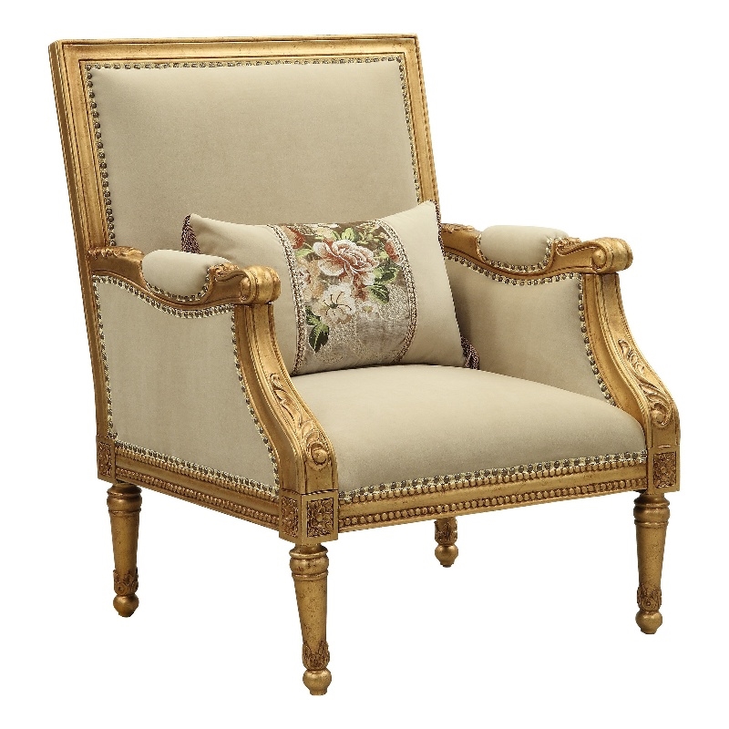 Pemberly Row Carved Wood Chair with Padded Seat Backrest and Armrests in Gold
