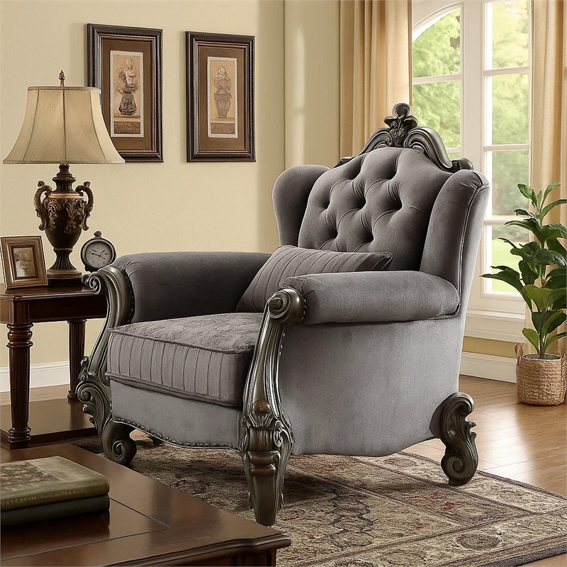 Pemberly Row Velvet Wingback Chair with Button Tufted Details in Gray